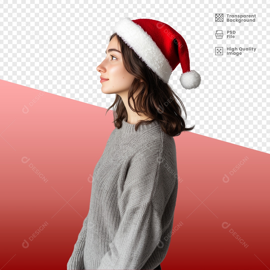 Mulher Feliz Usando Gorro de Natal Elemento 3D para Composição PSD