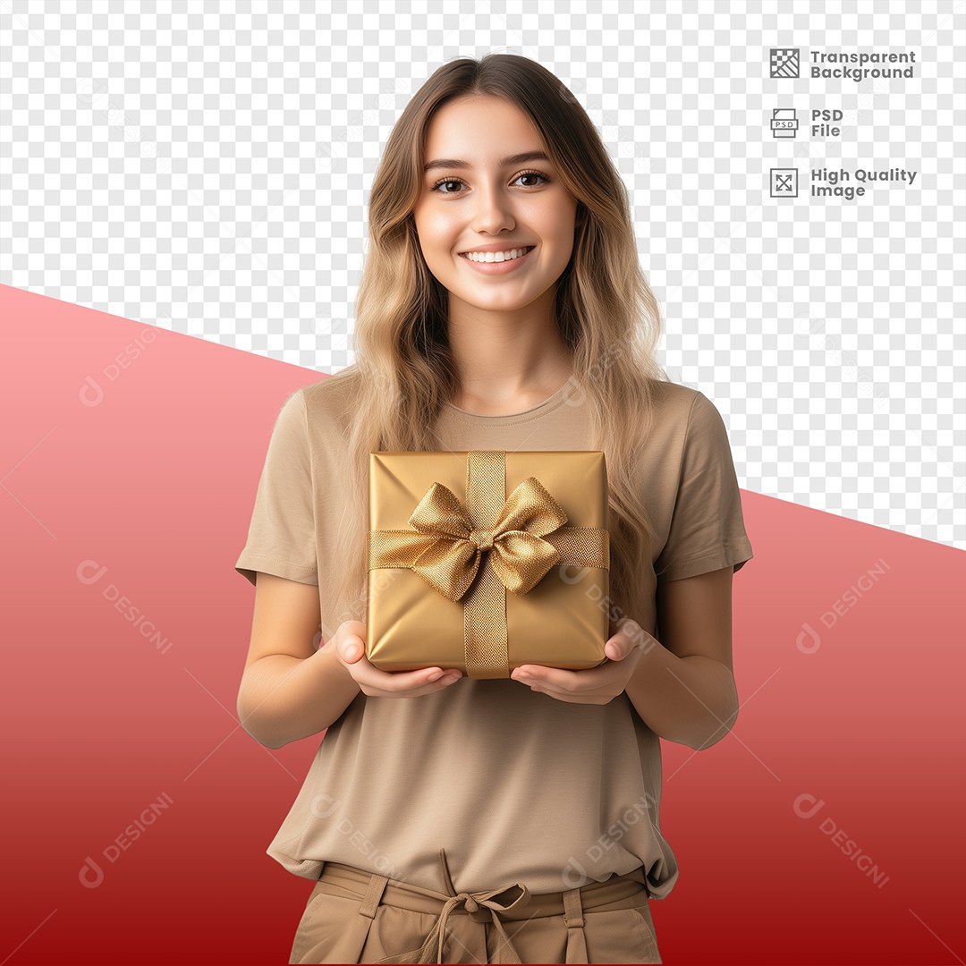 Mulher Sorridente Segurando Presente Elemento 3D para Composição PSD