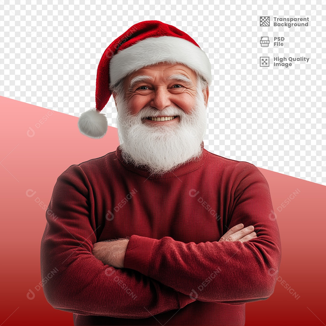 Personagem de Papai Noel Sorridente de Braços Cruzados Elemento 3D para Composição PSD