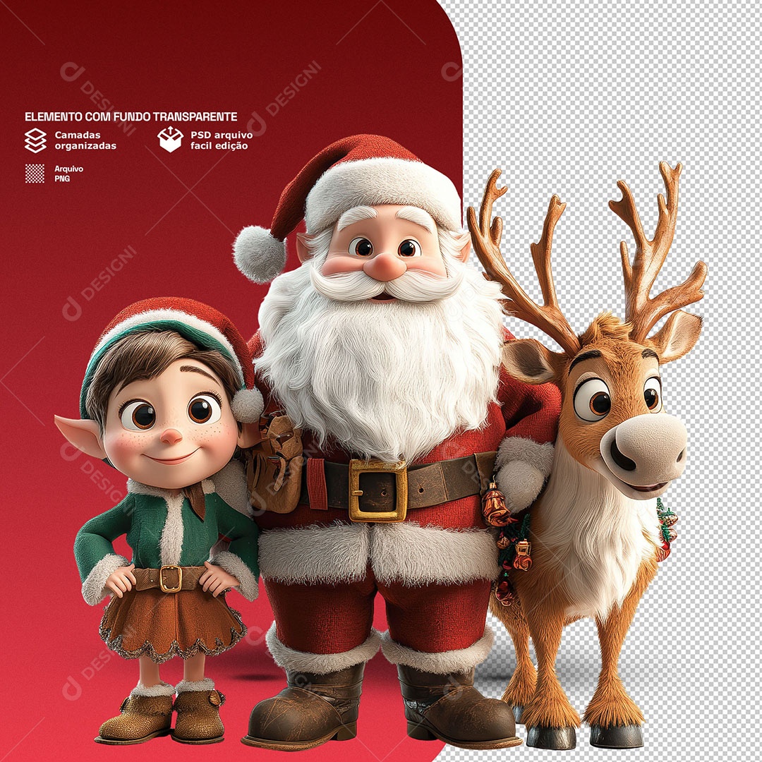 Personagem 3D Papai Noel Com um Duende e uma Rena Para Composição PSD