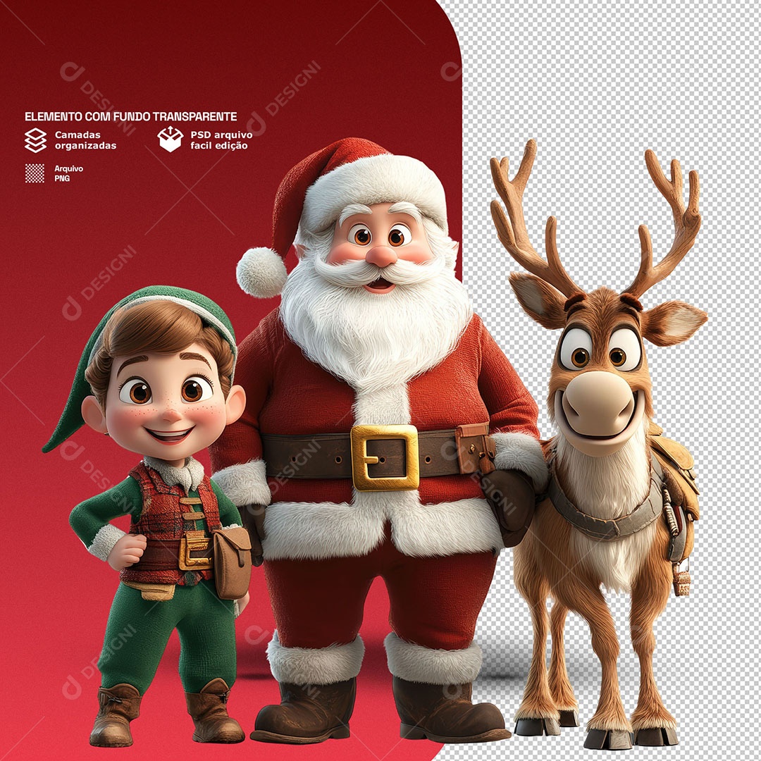 Personagem 3D Papai Noel Com um Duende e uma Rena Para Composição PSD