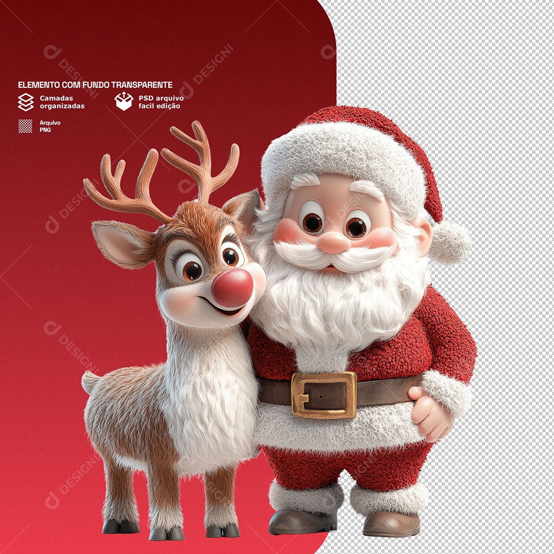Personagem 3D Papai Noel Com uma Rena Para Composição PSD