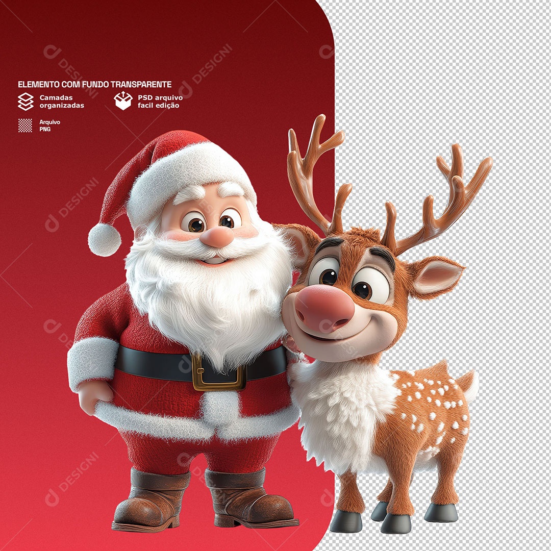 Personagem 3D Papai Noel Com uma Rena Para Composição PSD