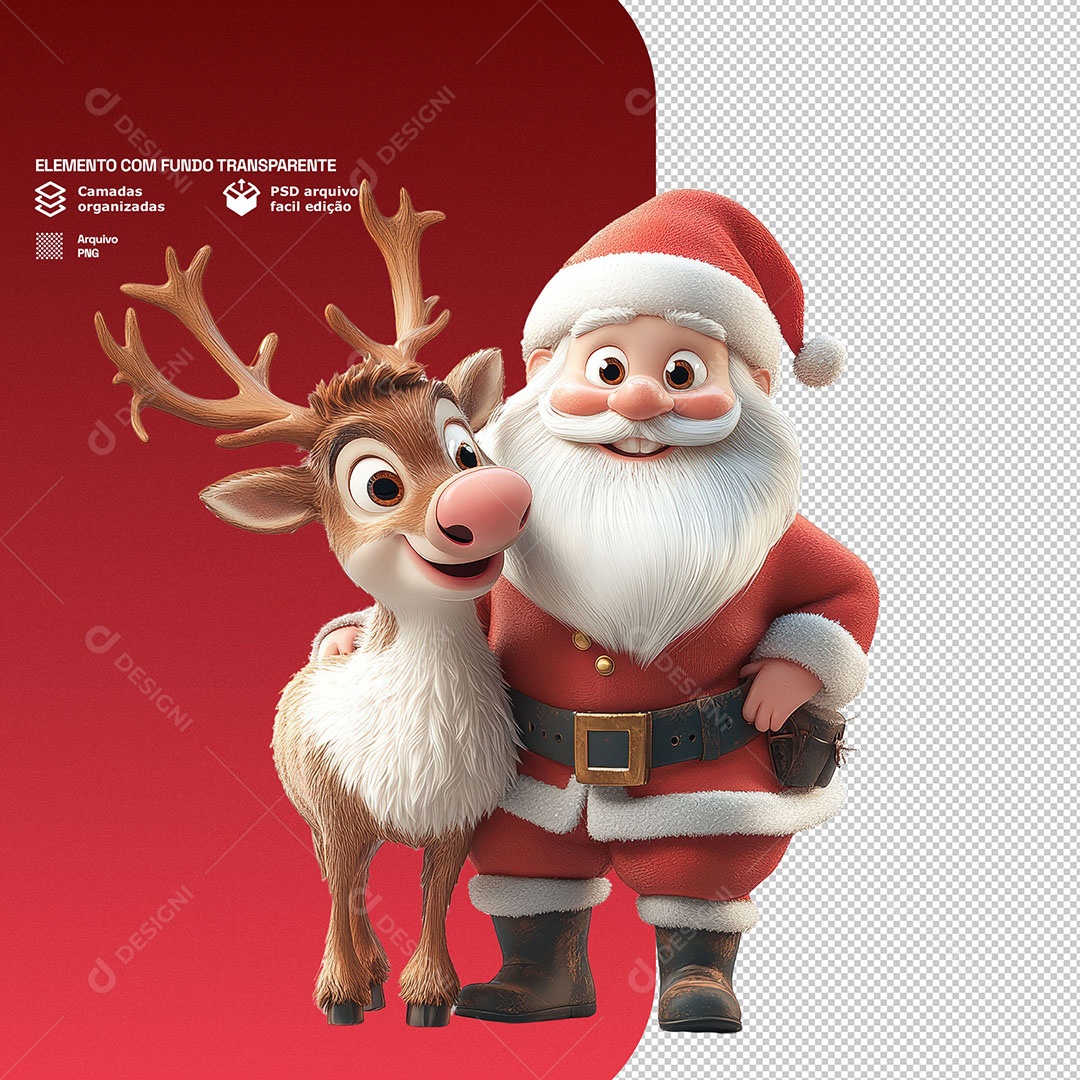 Personagem 3D Papai Noel Com uma Rena Para Composição PSD
