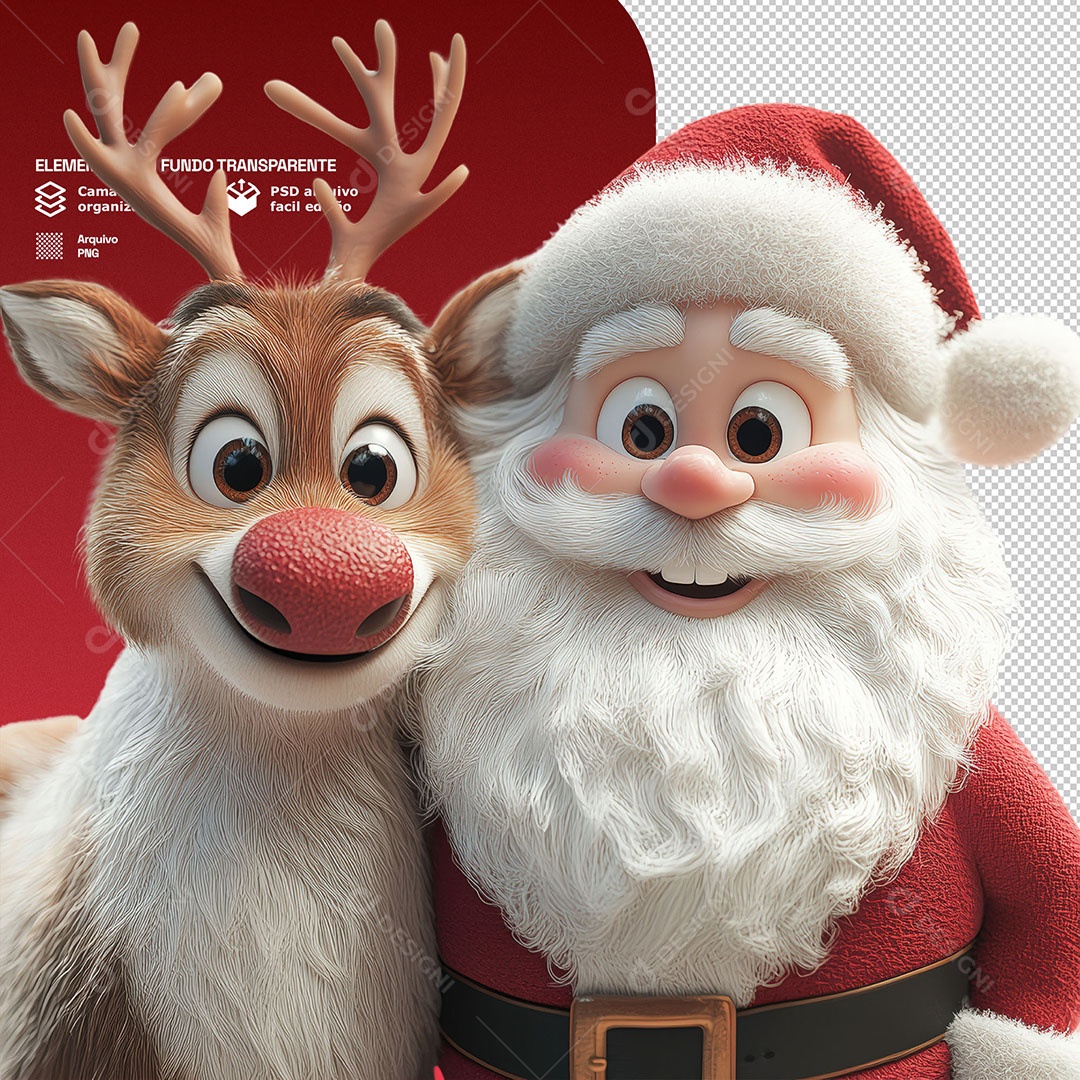 Personagem 3D Papai Noel Com uma Rena Para Composição PSD