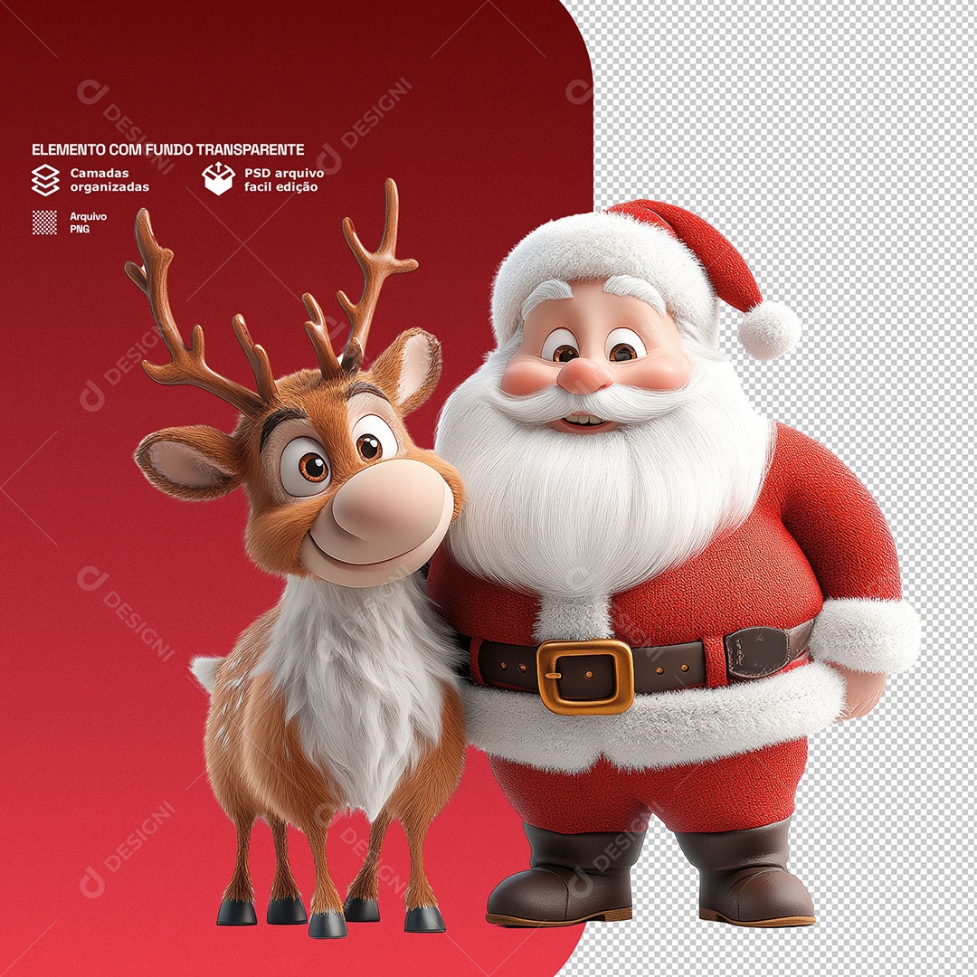 Personagem 3D Papai Noel Com  Rena Para Composição PSD
