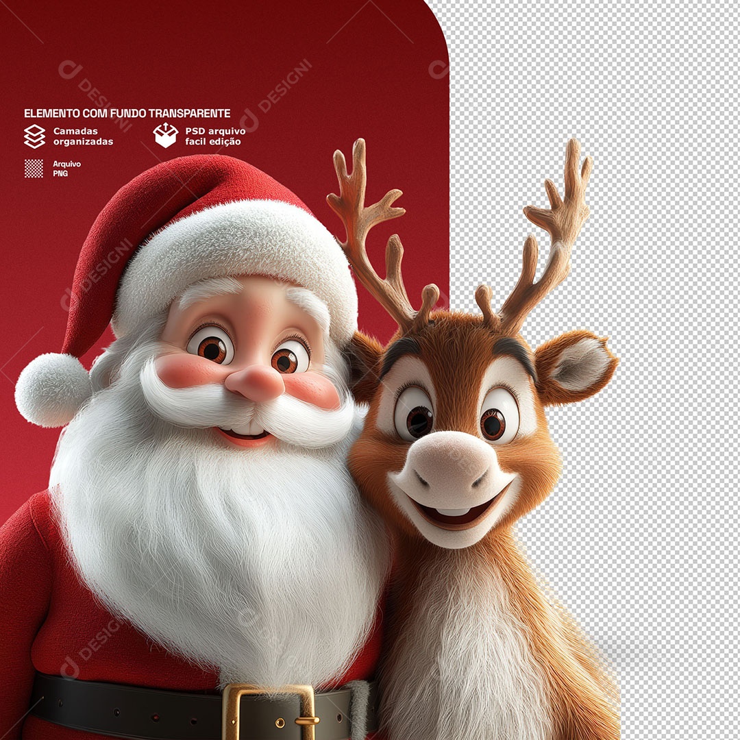 Personagem 3D Papai Noel Com uma Rena Para Composição PSD