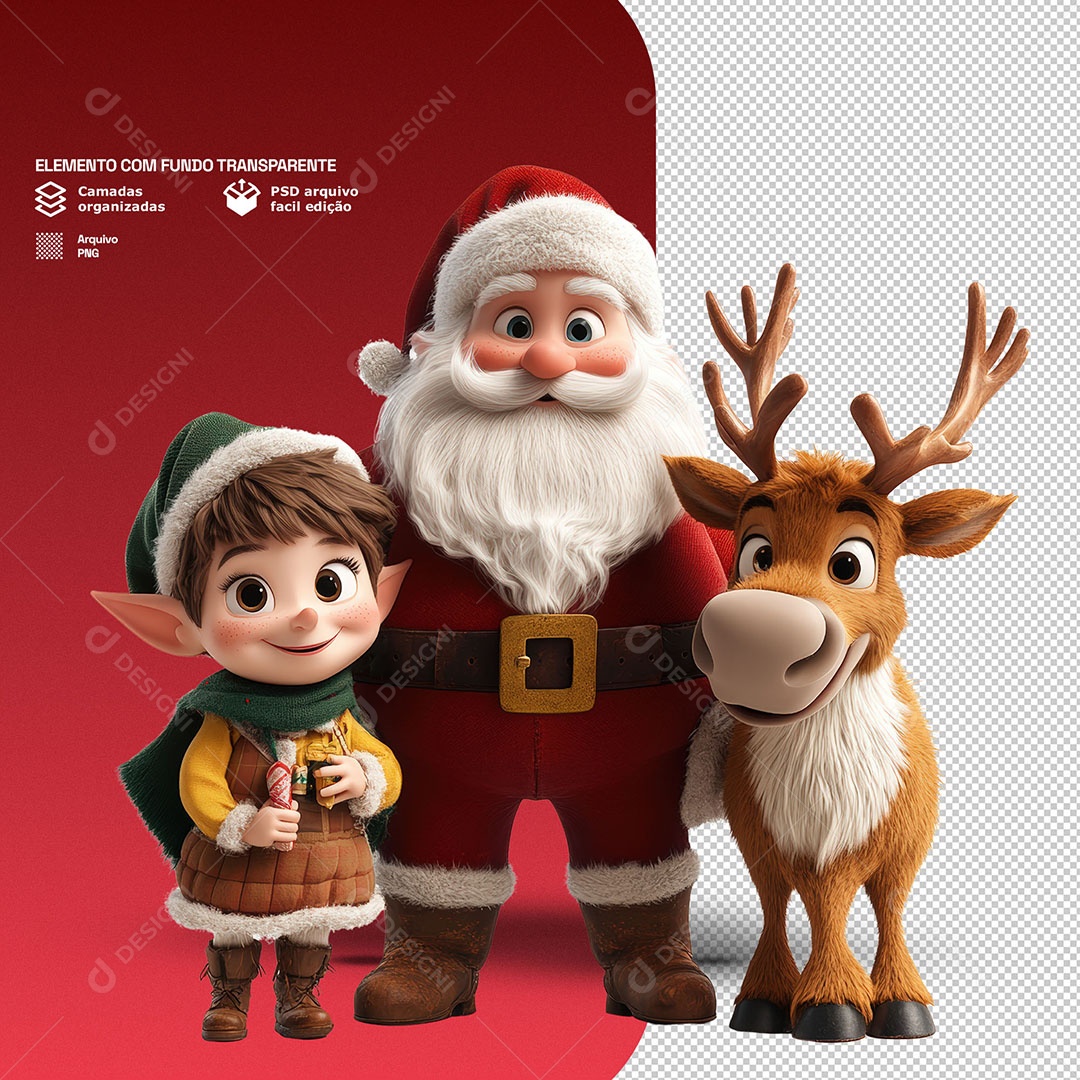 Personagem 3D Papai Noel Com um Duende e uma Rena Para Composição PSD
