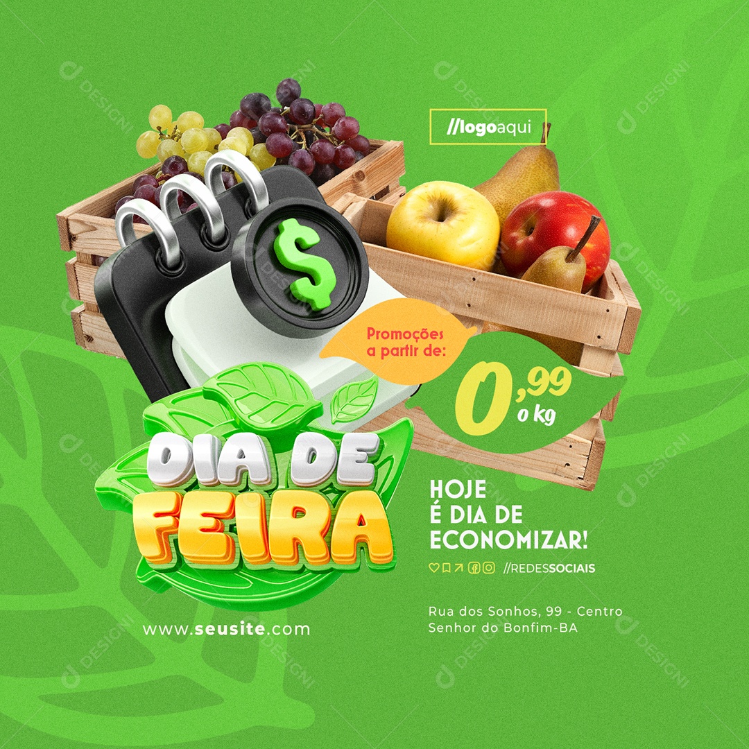 Dia de Feira Hortifruti Uvas Maçã Hoje é Dia de Economizar Social Media PSD Editável