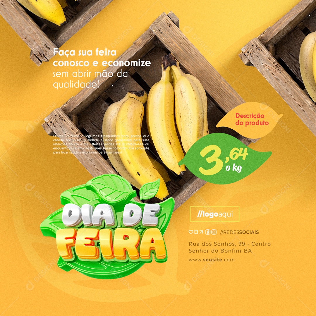 Dia de Feira Hortifruti Banana Faça sua Feira Conosco e Economize Social Media PSD Editável