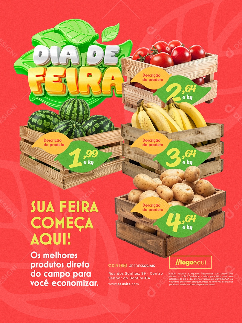 Dia de Feira Hortifruti Encarte Tomate Melancia Banana e Batata Social Media PSD Editável