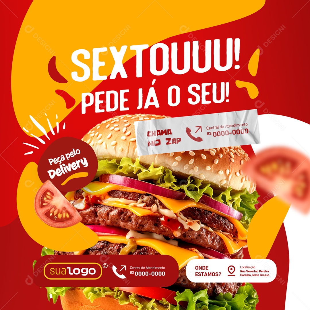 Fast Food Sextou Pede Já o Seu Hambúrguer Peça pelo Delivery Social Media PSD Editável