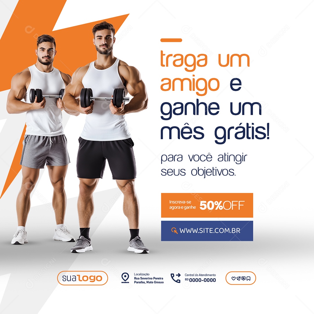 Academia Traga um Amigo e Ganhe Um Mês Grátis Social Media PSD Editável