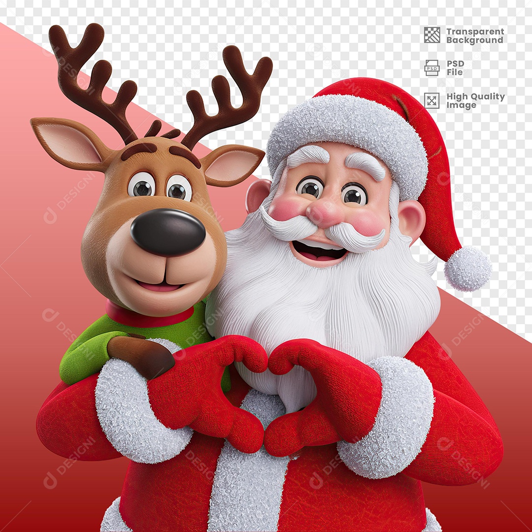 Personagem Papai Noel Feliz Sorridente com Rena Elemento 3D para Composição PSD