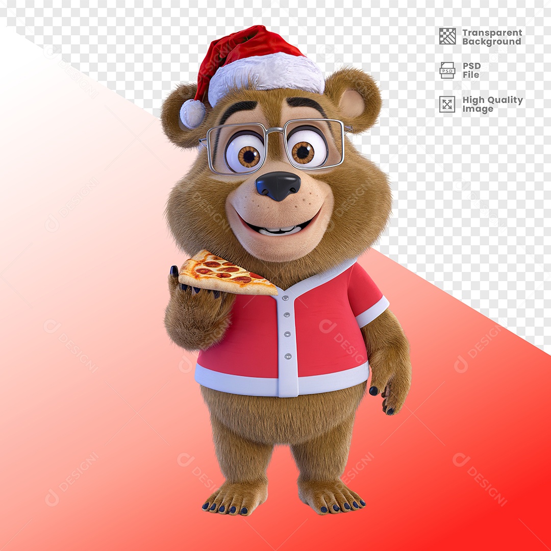 Urso Feliz Segurando Fatia de Pizza Elemento 3D Para Composição PSD