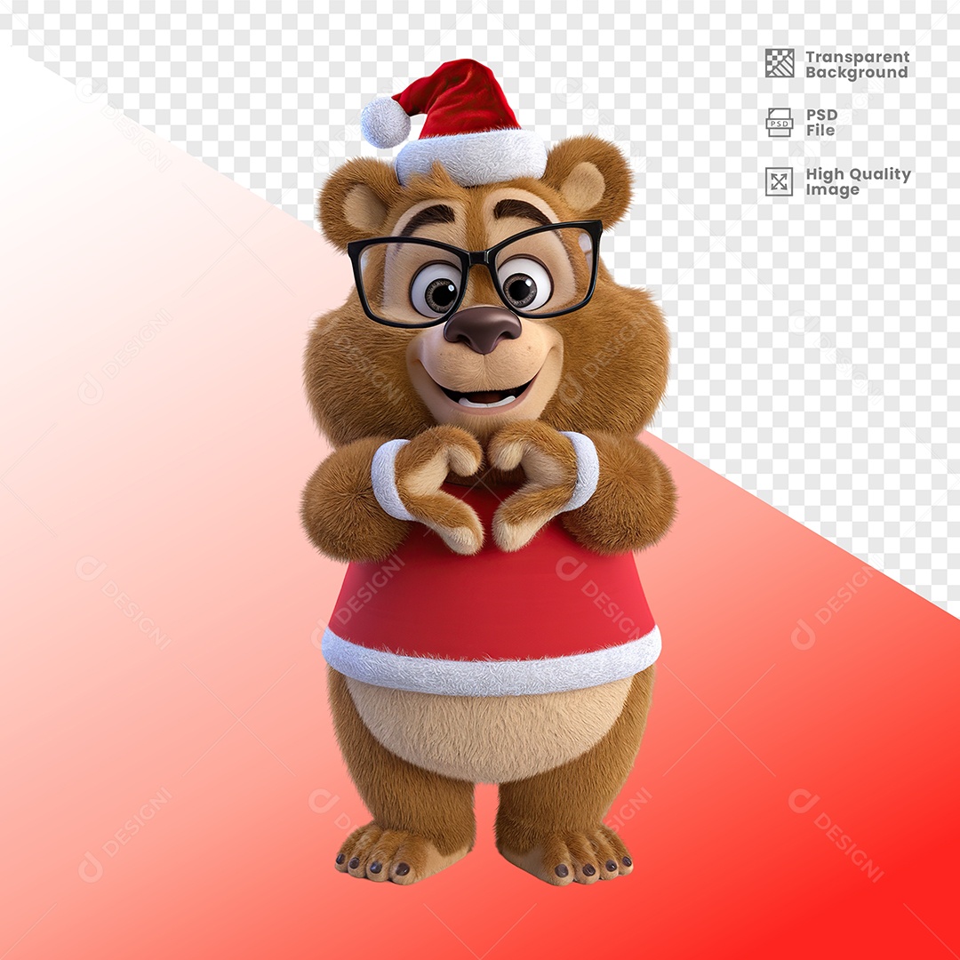 Urso Feliz Fazendo Sinal de Coração Elemento 3D Para Composição PSD