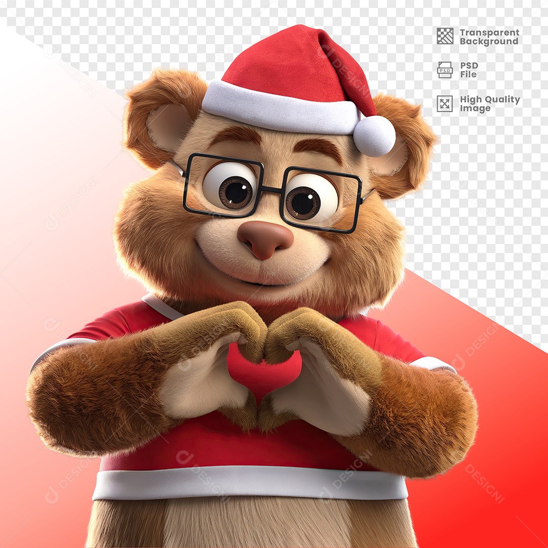 Urso Feliz Fazendo Sinal de Coração Elemento 3D Para Composição PSD