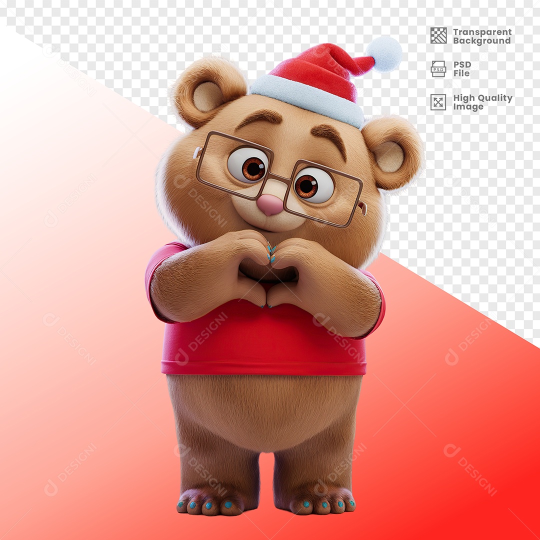 Urso Feliz Fazendo Sinal de Coração Elemento 3D Para Composição PSD