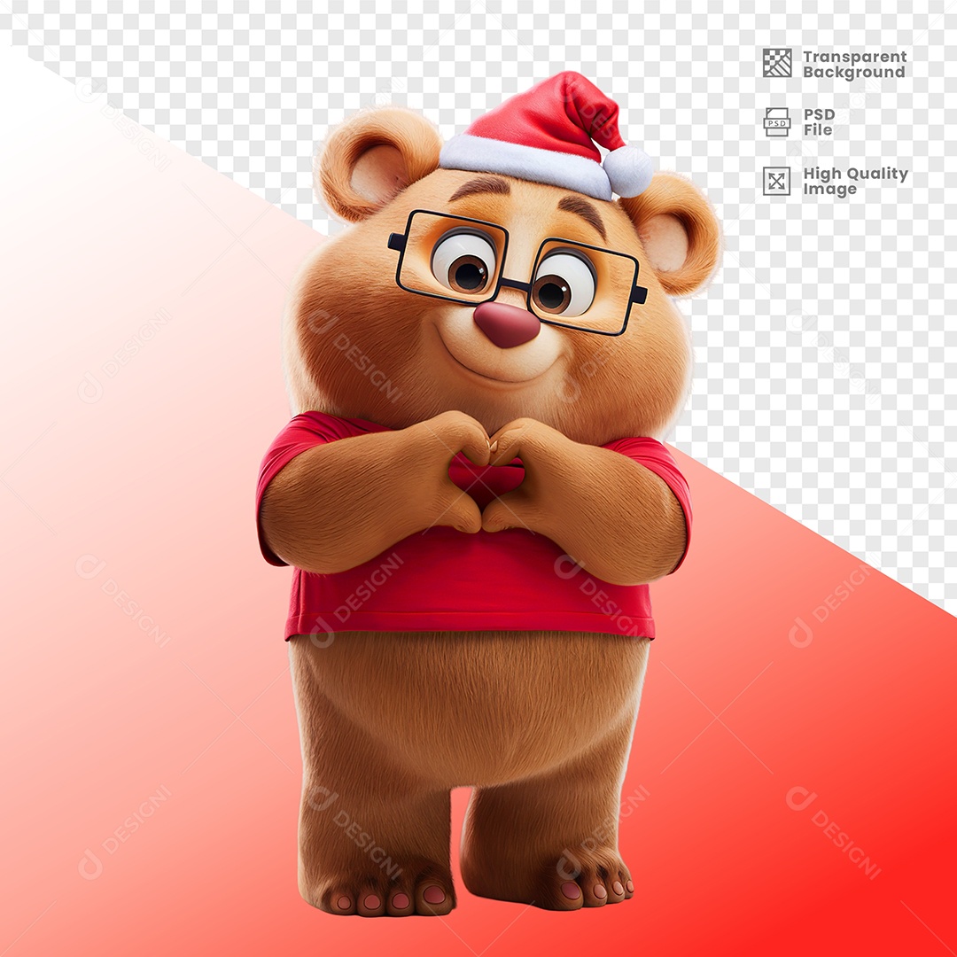 Urso Feliz Fazendo Sinal de Coração Elemento 3D Para Composição PSD