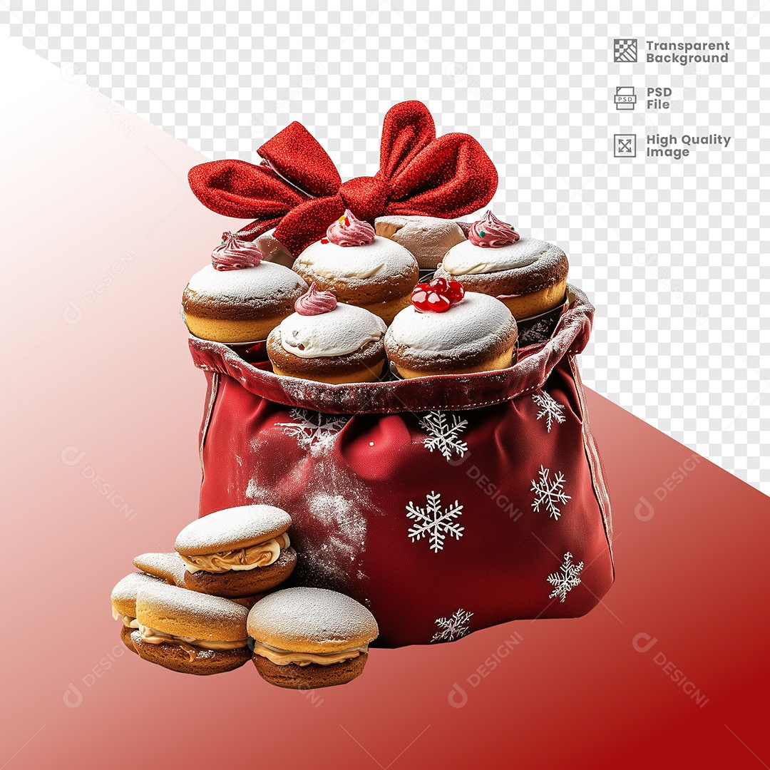 Saco de Natal Com Bolos Doces Elemento 3D para Composição PSD