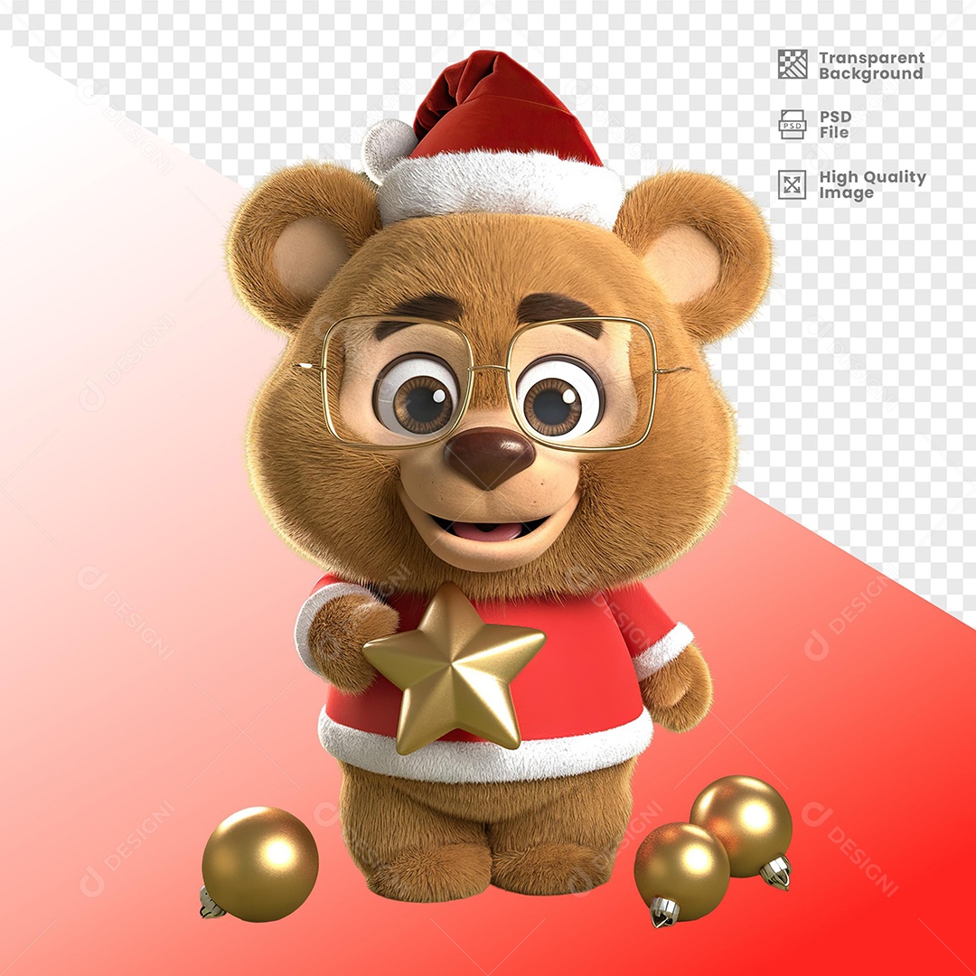 Urso com Enfeites de Natal Elemento 3D Para Composição PSD