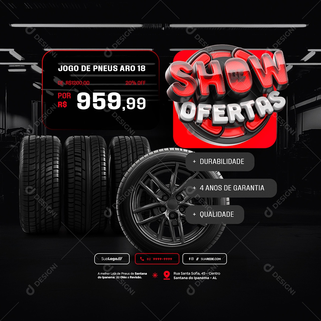Loja de Pneus Show De Ofertas Jogo De Pneus Aro 18 Social Media PSD Editável