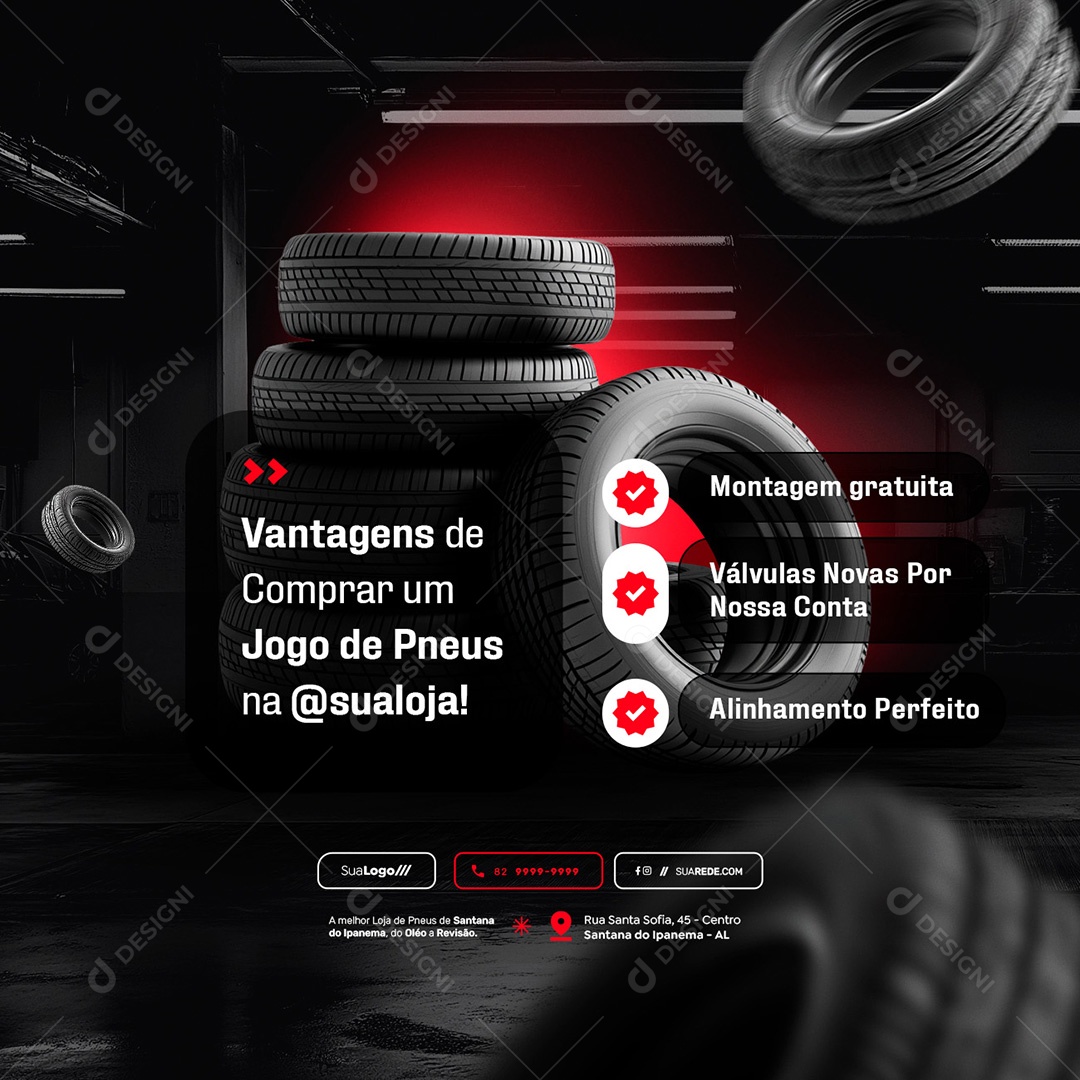 Loja de Pneus Vantagens de Comprar um Jogo de Pneus Social Media PSD Editável
