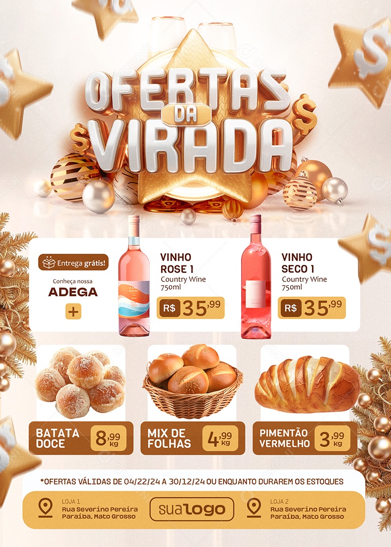 Tabloide Ofertas Da Virada Supermercado Vinho Pão Social Media PSD Editável