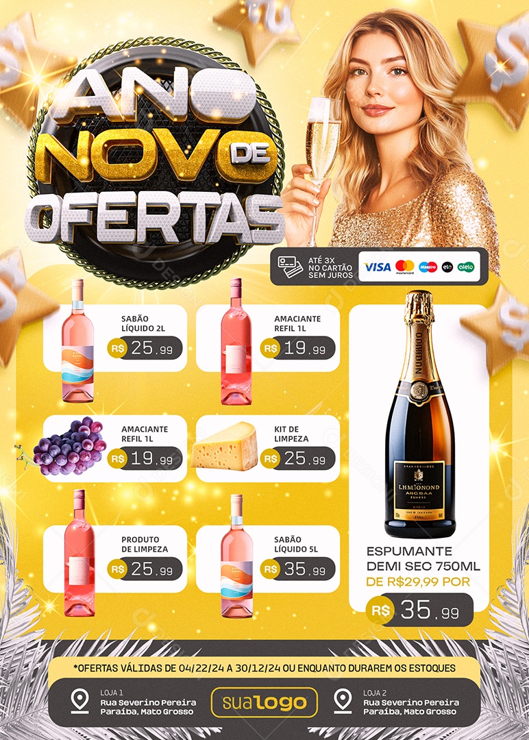 Tabloide Ano Novo De Ofertas Supermercado Vinho Champanhe Social Media PSD Editável