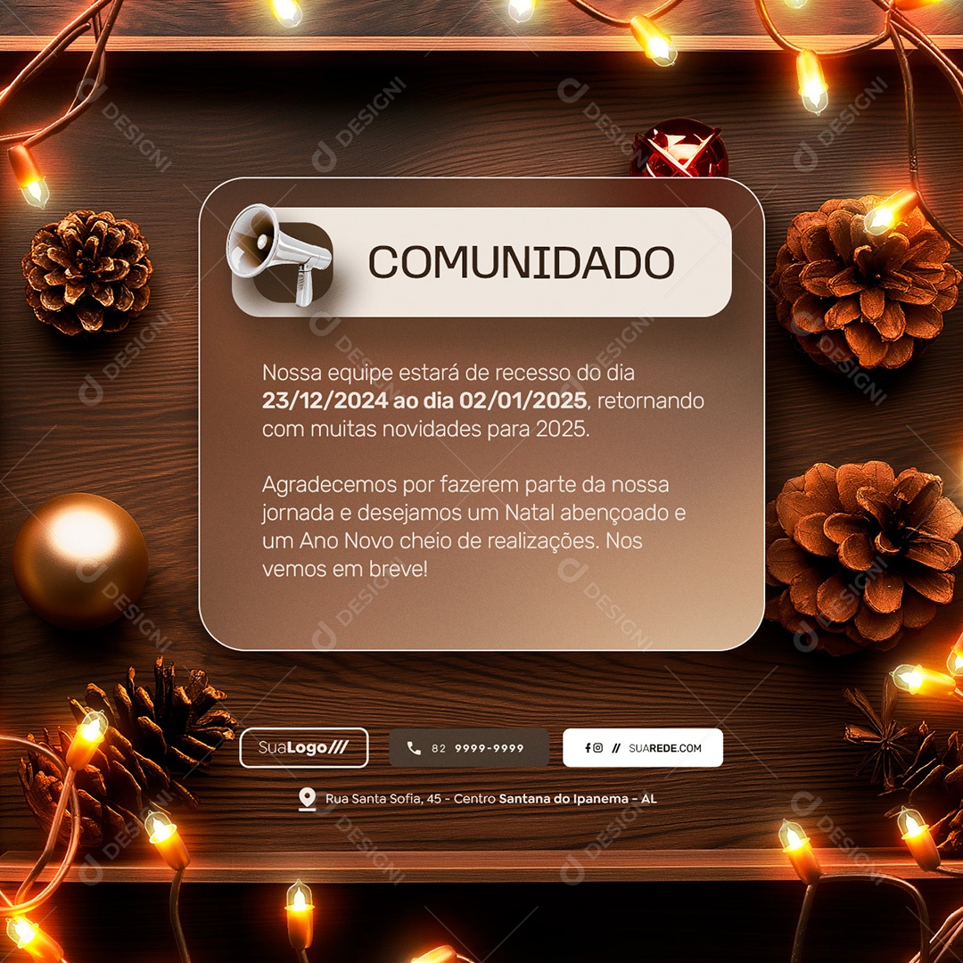 Recesso Fim de Ano Comunicado Social Media PSD Editável