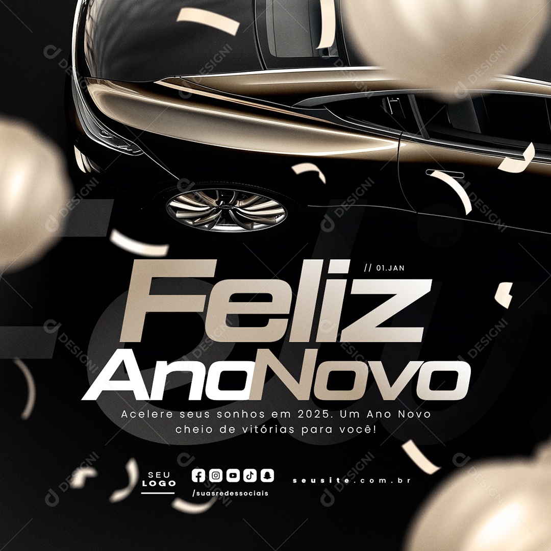 Feliz Ano Novo 01 de Janeiro Concessionária Loja de Carros Social Media PSD Editável