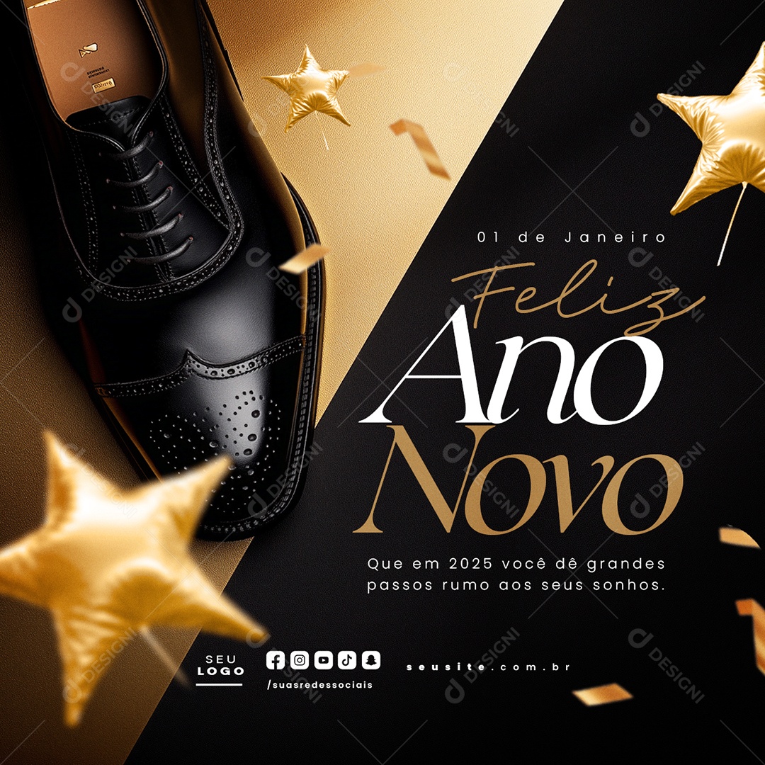 Feliz Ano Novo 01 de Janeiro Loja de Sapatos Social Media PSD Editável