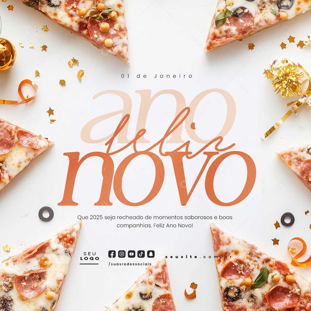 Feliz Ano Novo 01 de Janeiro Pizzaria Social Media PSD Editável