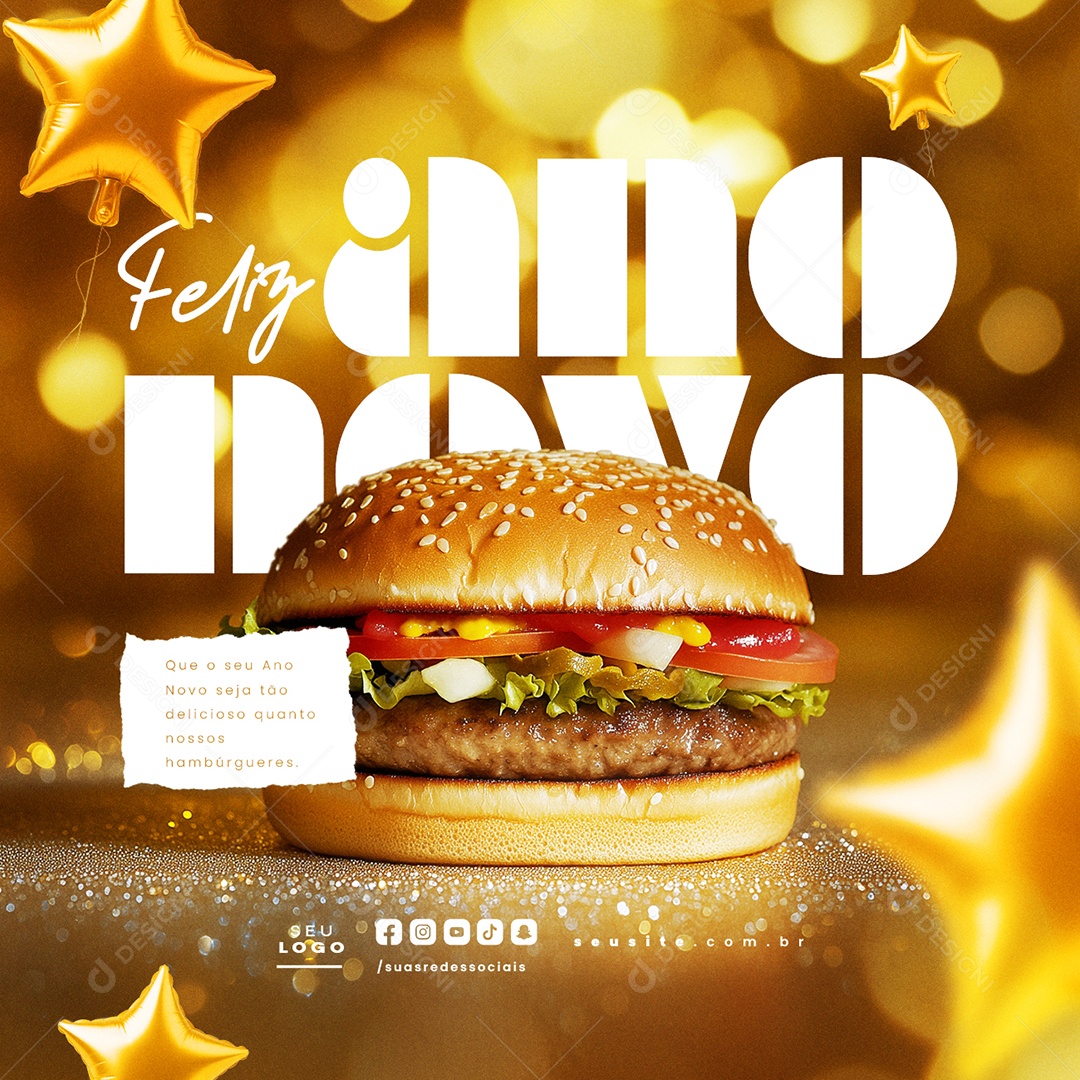 Feliz Ano Novo 01 de Janeiro Hambúrgueres Social Media PSD Editável