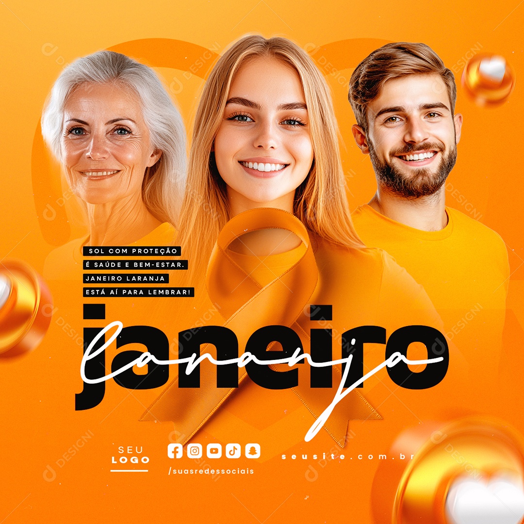 Janeiro Laranja Sol com Proteção é Saúde e Bem Estar Social Media PSD Editável