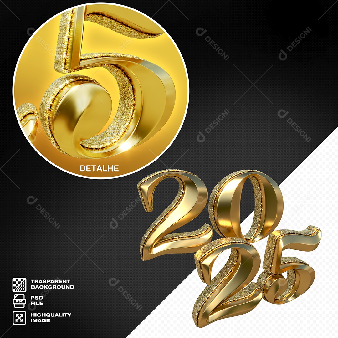 Elemento 3D Número 2025 Dourado de Ano Novo para Composição PSD
