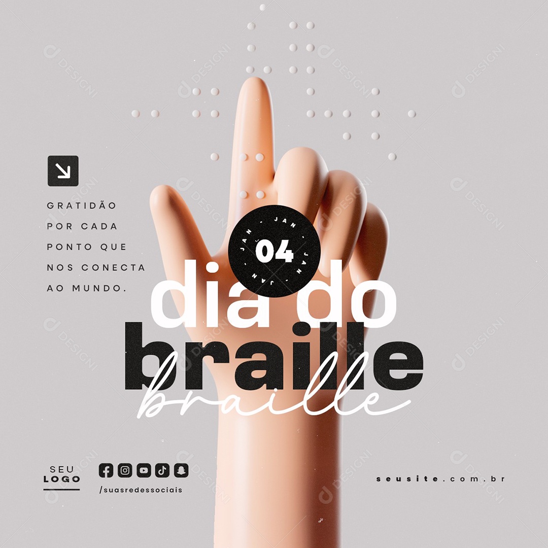 Dia do Braille 04 de Janeiro Gratidão Por Cada Ponto Social Media PSD Editável