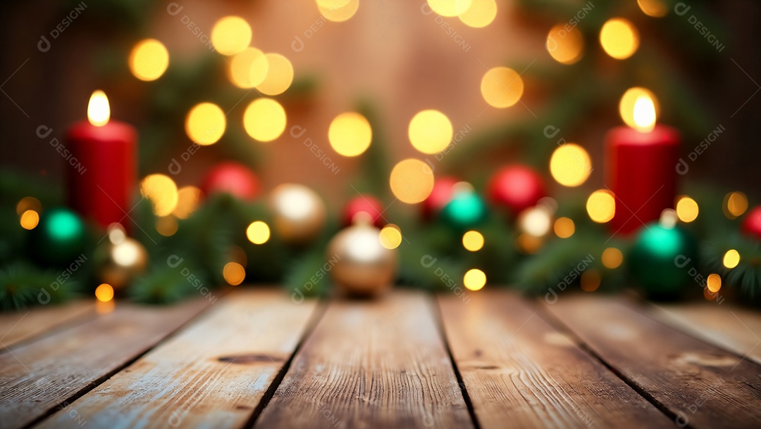 Mesa com fundo decorativo de árvore de natal com luzes