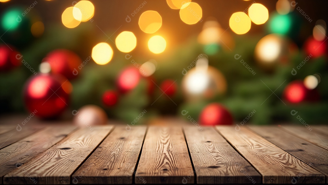 Mesa de madeira com fundo decorativo de natal