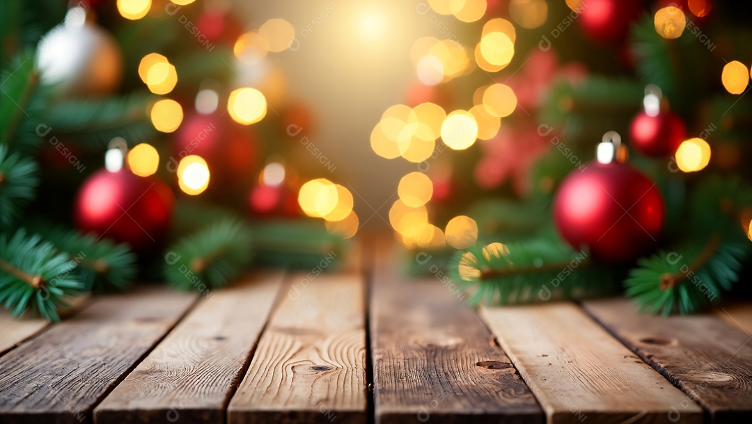 Mesa de madeira com fundo decorativo de natal