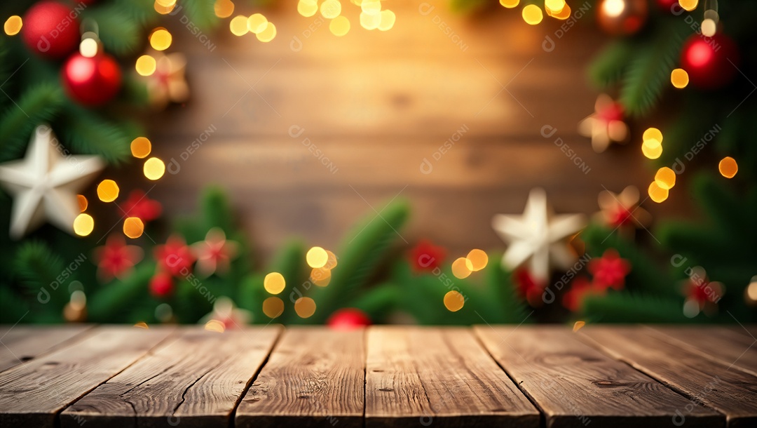 Mesa de madeira com fundo decorativo de natal