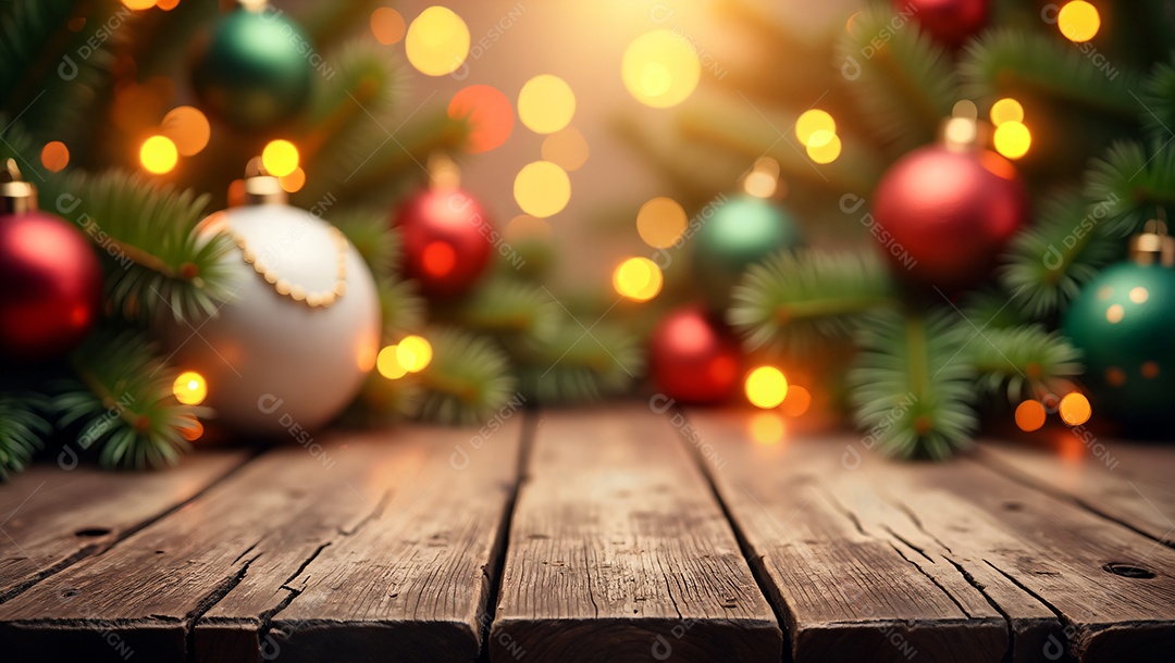 Mesa com fundo decorativo de árvore de natal com luzes