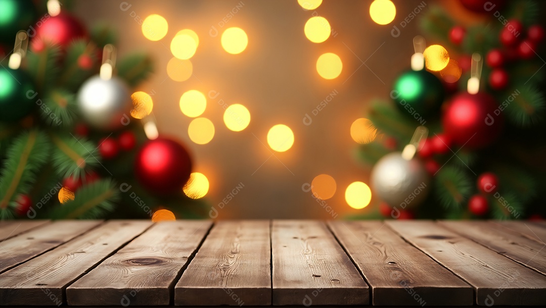 Mesa de madeira com fundo de decoração natalina