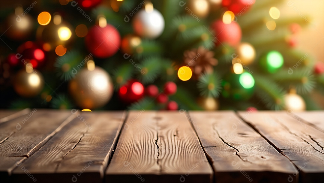 Mesa de madeira com fundo de árvore natalina