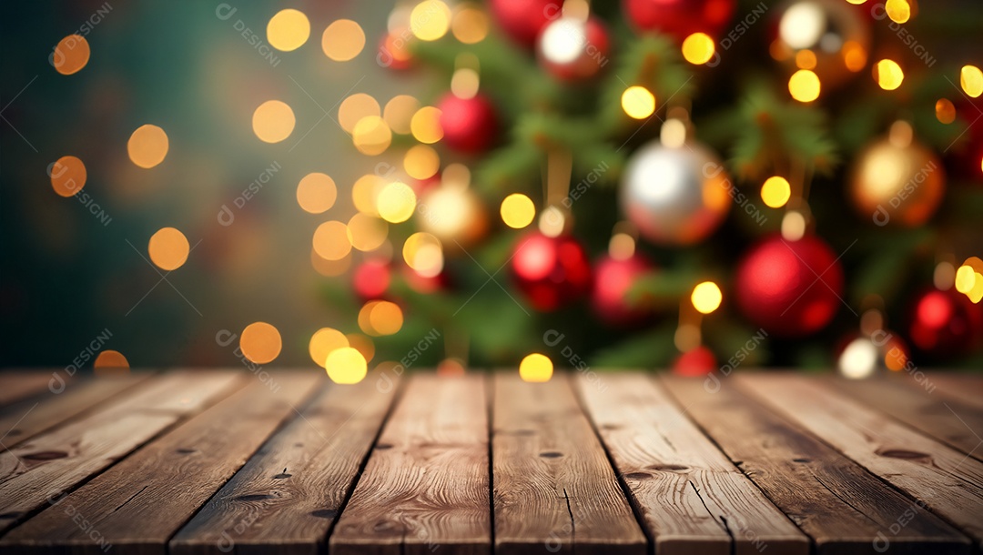Decoração natalina com frente de uma mesa de madeira