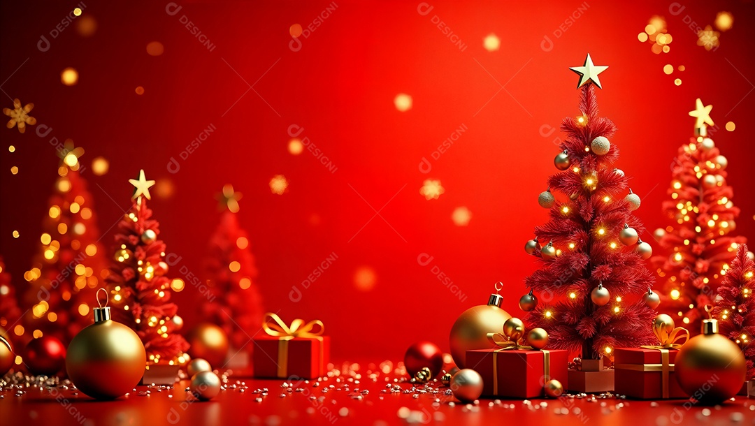 Decoração com presentes e confetes vermelhos e dourados