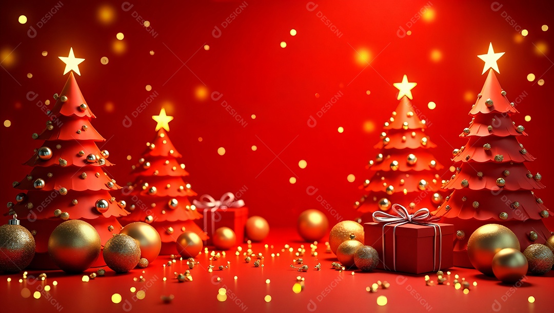 Decoração com presentes e confetes vermelhos e dourados