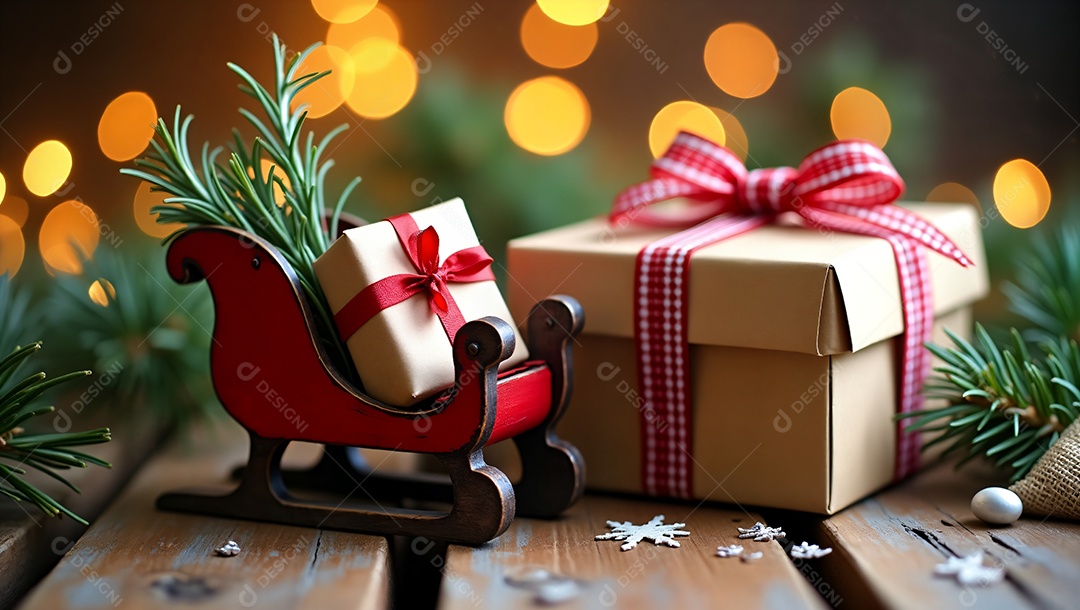 Trenó com caixas de presentes e decoração natalina