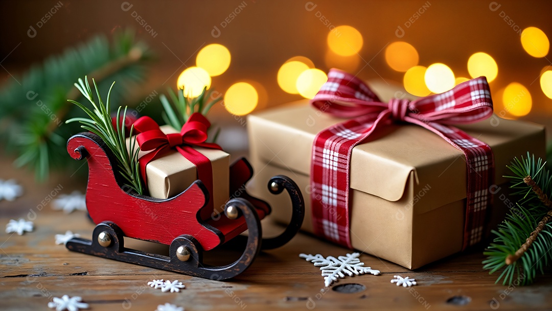Trenó e caixas de presentes e galhos de decoração natalina