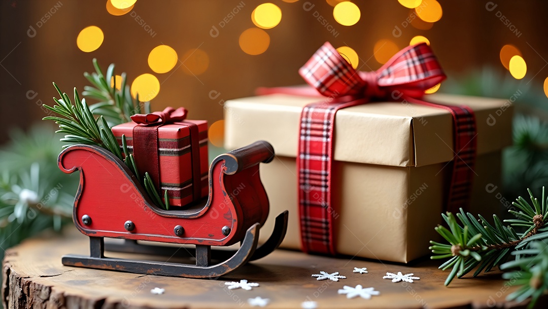 Trenó com presentes e galhos de árvore decoração natalina